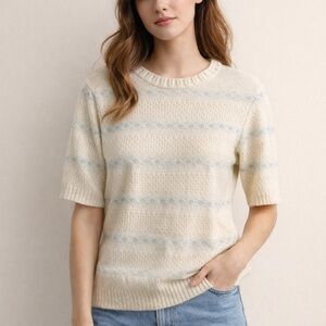 TanJay Cream and Light Blue Patterned Blouse